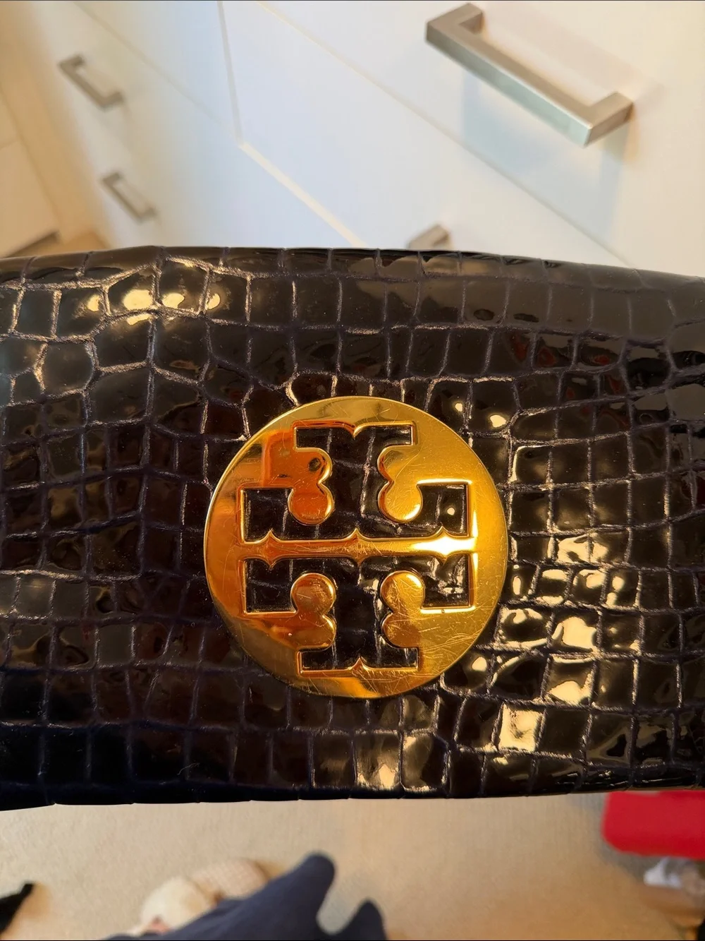 Tory Burch Navy Patent Croc-Embossed Clutch with Gold Logo